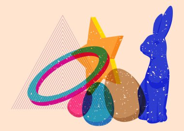 Geometrik şekilli Risograph Paskalya Yumurtası ve Tavşan. Geometri elemanları ile modayı gösteren riso grafik desen tasarımı nesneleri.