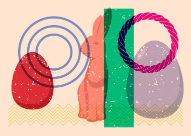 Geometrik şekilli Risograph Paskalya Yumurtası ve Tavşan. Geometri elemanları ile modayı gösteren riso grafik desen tasarımı nesneleri.