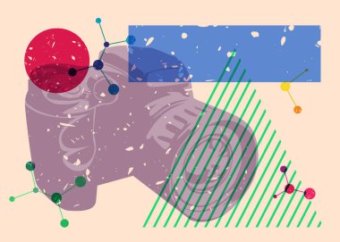 Risograph Camera, geometrik şekilli fotoğraf makinesi. Geometri elemanları ile modayı gösteren riso grafik desen tasarımı nesneleri.