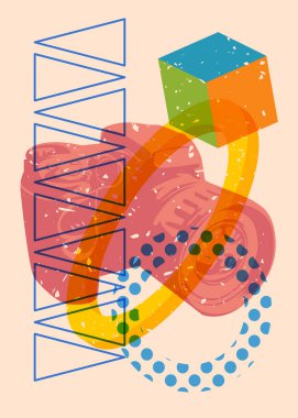 Risograph Camera, geometrik şekilli fotoğraf makinesi. Geometri elemanları ile modayı gösteren riso grafik desen tasarımı nesneleri.