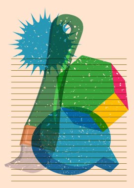 Geometrik şekilli konuşma baloncuklu Risograph boya fırçası. Geometri elemanları ile modayı gösteren riso grafik desen tasarımı nesneleri.