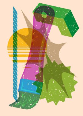 Geometrik şekilli konuşma baloncuklu Risograph boya fırçası. Geometri elemanları ile modayı gösteren riso grafik desen tasarımı nesneleri.