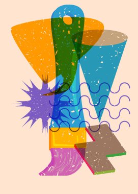 Geometrik şekilli konuşma baloncuklu Risograph boya fırçası. Geometri elemanları ile modayı gösteren riso grafik desen tasarımı nesneleri.