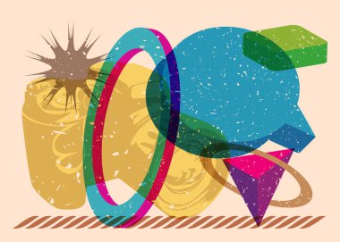 Geometrik şekilli konuşma baloncuklu Risograph Kamera. Geometri elemanları ile modayı gösteren riso grafik desen tasarımı nesneleri.