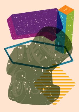 Geometrik şekilli konuşma baloncuklu Risograph Kamera. Geometri elemanları ile modayı gösteren riso grafik desen tasarımı nesneleri.