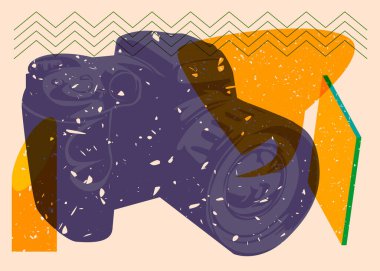 Geometrik şekilli konuşma baloncuklu Risograph Kamera. Geometri elemanları ile modayı gösteren riso grafik desen tasarımı nesneleri.