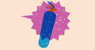 Risograph yangın söndürücü ve geometrik şekilli konuşma balonu animasyonu. Moda riso grafik tasarım videosunda nesne taşınıyor.