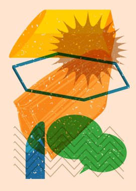 Geometrik şekilli konuşma baloncuklu Risograph cüzdanı. Geometri elemanları ile modayı gösteren riso grafik desen tasarımı nesneleri.