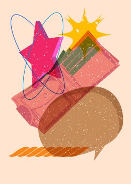 Geometrik şekilli konuşma baloncuklu Risograph cüzdanı. Geometri elemanları ile modayı gösteren riso grafik desen tasarımı nesneleri.