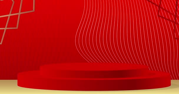 红色和金色的模型产品显示动画 圆柱形基座讲台视频 用于演示的最小几何形式移动舞台展示 — 图库视频影像