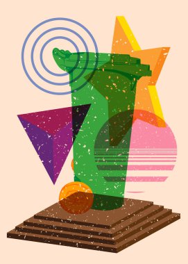 Geometrik şekilli bir çöp tenekesi. Geometri elemanları ile modayı gösteren riso grafik desen tasarımı nesneleri.