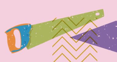 Geometrik şekilli Risograph Hand Testere animasyonu. Moda riso grafik tasarım videosunda nesne taşınıyor.