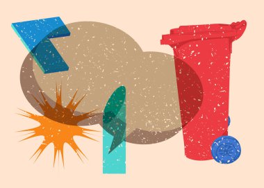 Geometrik şekilli konuşma baloncuğu ile Risograph Çöp Kutusu. Geometri elemanları ile modayı gösteren riso grafik desen tasarımı nesneleri.
