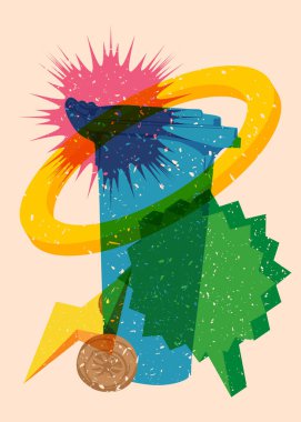 Geometrik şekilli konuşma baloncuğu ile Risograph Çöp Kutusu. Geometri elemanları ile modayı gösteren riso grafik desen tasarımı nesneleri.