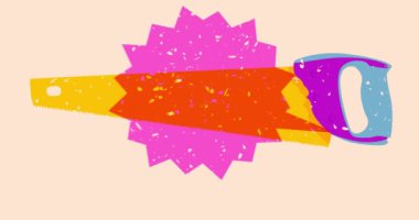 Risograph Hand Testere ve geometrik şekilli konuşma balonu animasyon. Moda riso grafik tasarım videosunda nesne taşınıyor.