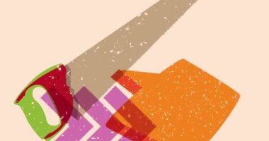 Risograph Hand Testere ve geometrik şekilli konuşma balonu animasyon. Moda riso grafik tasarım videosunda nesne taşınıyor.