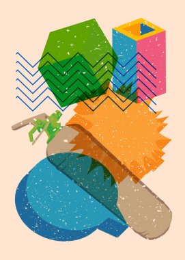 Geometrik şekilli konuşma baloncuklu yangın söndürücü. Geometri elemanları ile modayı gösteren riso grafik desen tasarımı nesneleri.