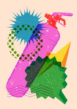 Geometrik şekilli konuşma baloncuklu yangın söndürücü. Geometri elemanları ile modayı gösteren riso grafik desen tasarımı nesneleri.