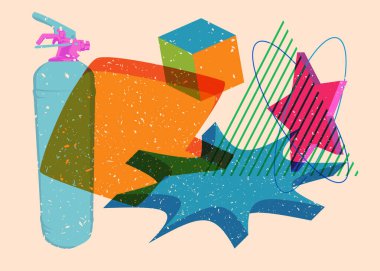 Geometrik şekilli konuşma baloncuklu yangın söndürücü. Geometri elemanları ile modayı gösteren riso grafik desen tasarımı nesneleri.