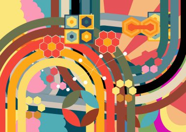 Geçmişe dönük 70 'ler. Harika 1970 'lerin soyut sanat şablonu. Minimalist çizgili tasarım posteri. Eski moda gökkuşağı renkli sanat eserleri.