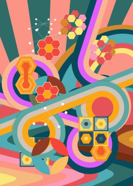 Geçmişe dönük 70 'ler. Harika 1970 'lerin soyut sanat şablonu. Minimalist çizgili tasarım posteri. Eski moda gökkuşağı renkli sanat eserleri.