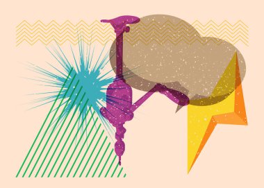 Geometrik şekilli konuşma baloncuğu ile Risograph Antika Matkabı. Geometri elementleri ile trend riso grafik desen delikleri delme aracı.