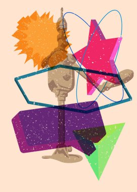 Geometrik şekilli konuşma baloncuğu ile Risograph Antika Matkabı. Geometri elementleri ile trend riso grafik desen delikleri delme aracı.