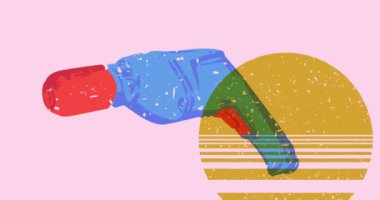 Risograph Drill, Güç Aracı ve geometrik şekilli konuşma balonu animasyonu. Moda riso grafik tasarım videosunda nesne taşınıyor.