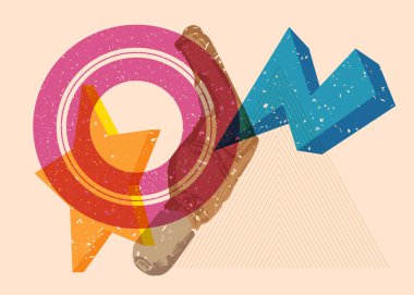 Risograph Drill, geometrik şekilli Güç Aracı. Geometri elemanları ile modayı gösteren riso grafik desen tasarımı nesneleri.