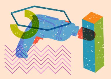 Risograph Drill, geometrik şekilli Güç Aracı. Geometri elemanları ile modayı gösteren riso grafik desen tasarımı nesneleri.