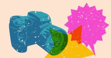 Risograph kamera ve geometrik şekilli konuşma balonu animasyon. Moda riso grafik tasarım videosunda nesne taşınıyor.