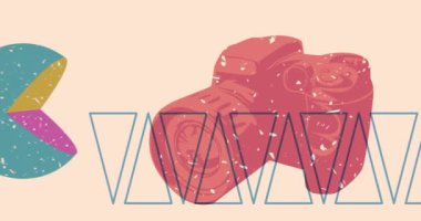 Risograph kamera ve geometrik şekilli konuşma balonu animasyon. Moda riso grafik tasarım videosunda nesne taşınıyor.