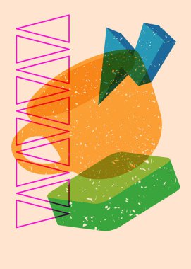 Geometrik şekilli Risograph kahve fincanı. Geometri elemanları ile modayı gösteren riso grafik desen tasarımı nesneleri.