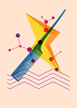 Geometrik şekilli risograph tarak. Geometri elemanları ile modayı gösteren riso grafik desen tasarımı nesneleri.