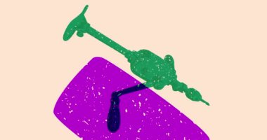 Antika matkap desteği ve geometrik şekilli konuşma balonu animasyonu. Moda riso grafik tasarım videosunda sondaj delikleri açmak için metal aracı taşınıyor.