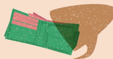 Risograph Cüzdan ve geometrik şekilli konuşma balonu animasyon. Moda riso grafik tasarım videosunda nesne taşınıyor.