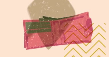 Risograph Cüzdan ve geometrik şekilli konuşma balonu animasyon. Moda riso grafik tasarım videosunda nesne taşınıyor.