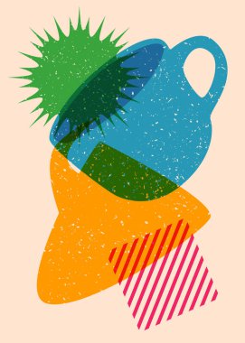 Geometrik şekilli konuşma baloncuklu Risograph kahve fincanı. Geometri elemanları ile modayı gösteren riso grafik desen tasarımı nesneleri.
