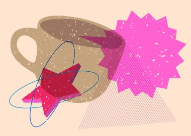 Geometrik şekilli konuşma baloncuklu Risograph kahve fincanı. Geometri elemanları ile modayı gösteren riso grafik desen tasarımı nesneleri.