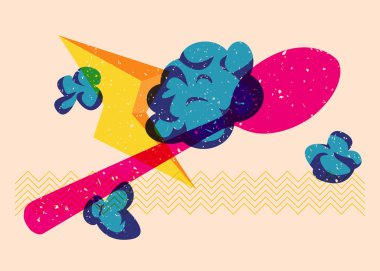 Geometrik şekilli Risograph kaşık. Geometri elemanları ile modayı gösteren riso grafik desen tasarımı nesneleri.