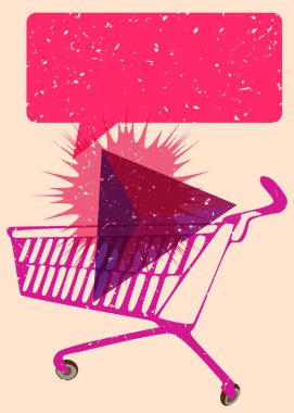 Geometrik şekilli konuşma baloncuklu Risograph alışveriş arabası. Geometri elemanları ile modayı gösteren riso grafik desen tasarımı nesneleri.