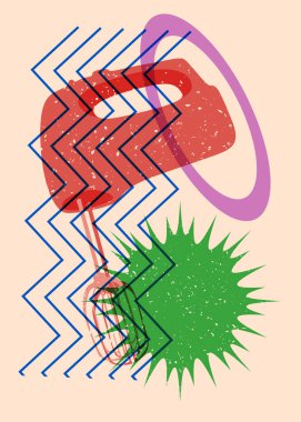 Geometrik şekilli risograf karıştırıcısı. Geometri elemanları ile modayı gösteren riso grafik desen tasarımı nesneleri.