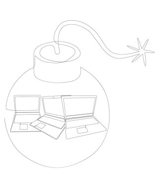 Bombalı bir dizüstü bilgisayar hattı. İnce Çizgi Çizimi Vektör Konsepti. Contour Yaratıcı Fikirler Çiziyor.