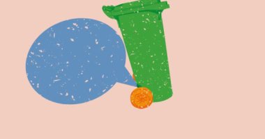 Risograph Çöp Kutusu ve geometrik şekilli konuşma balonu animasyonu. Moda riso grafik tasarım videosunda nesne taşınıyor.