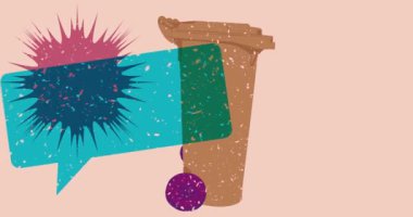 Risograph Çöp Kutusu ve geometrik şekilli konuşma balonu animasyonu. Moda riso grafik tasarım videosunda nesne taşınıyor.