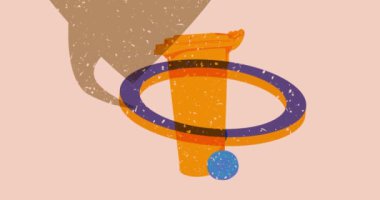 Risograph Çöp Kutusu ve geometrik şekilli konuşma balonu animasyonu. Moda riso grafik tasarım videosunda nesne taşınıyor.