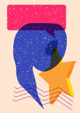 Geometrik şekilli konuşma baloncuklu bir tuvalet kağıdı. Geometri elemanları ile modayı gösteren riso grafik desen tasarımı nesneleri.