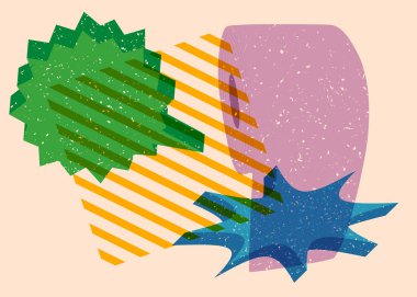 Geometrik şekilli konuşma baloncuklu bir tuvalet kağıdı. Geometri elemanları ile modayı gösteren riso grafik desen tasarımı nesneleri.