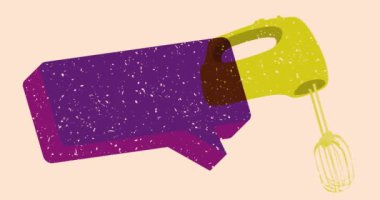 Risograph Elektrik Karıştırıcı ve geometrik şekilli konuşma balonu animasyonu. Moda riso grafik tasarım videosunda nesne taşınıyor.