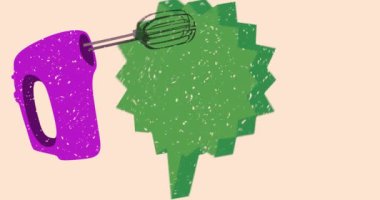 Risograph Elektrik Karıştırıcı ve geometrik şekilli konuşma balonu animasyonu. Moda riso grafik tasarım videosunda nesne taşınıyor.